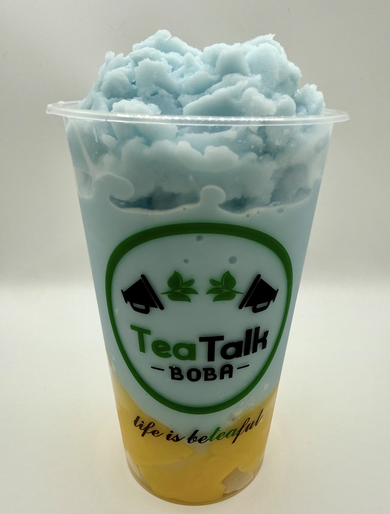 TeaTalk Boba Blue Sky Cream Cheese drink with mango chunks