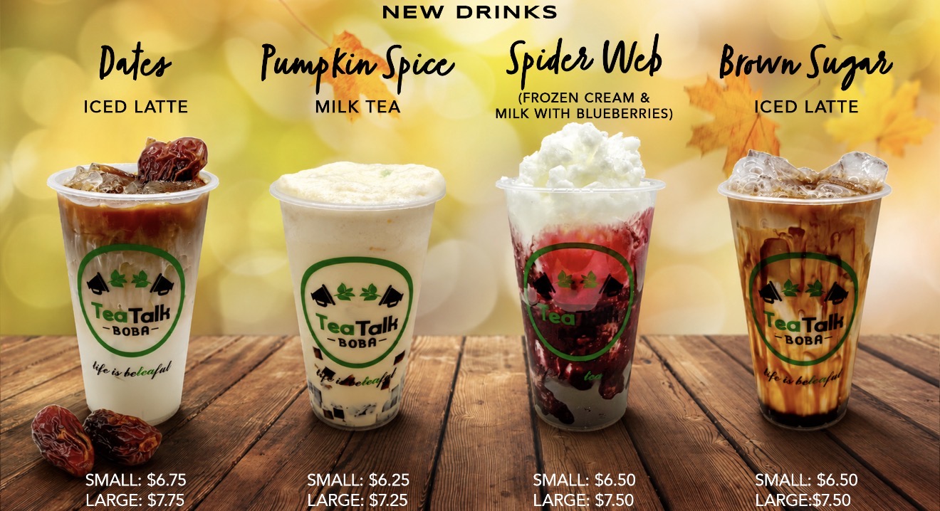 TeaTalk Boba new drinks: Dates Iced Latte, Pumpkin Spice Milk Tea, Spider Web, and Brown Sugar Iced Latte