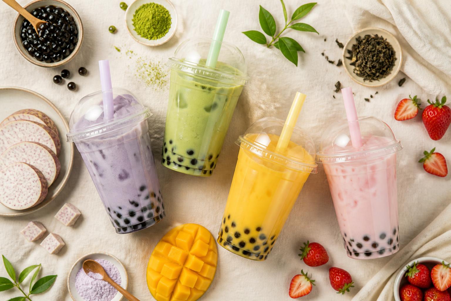 Flat lay of taro, matcha, mango and strawberry bubble teas